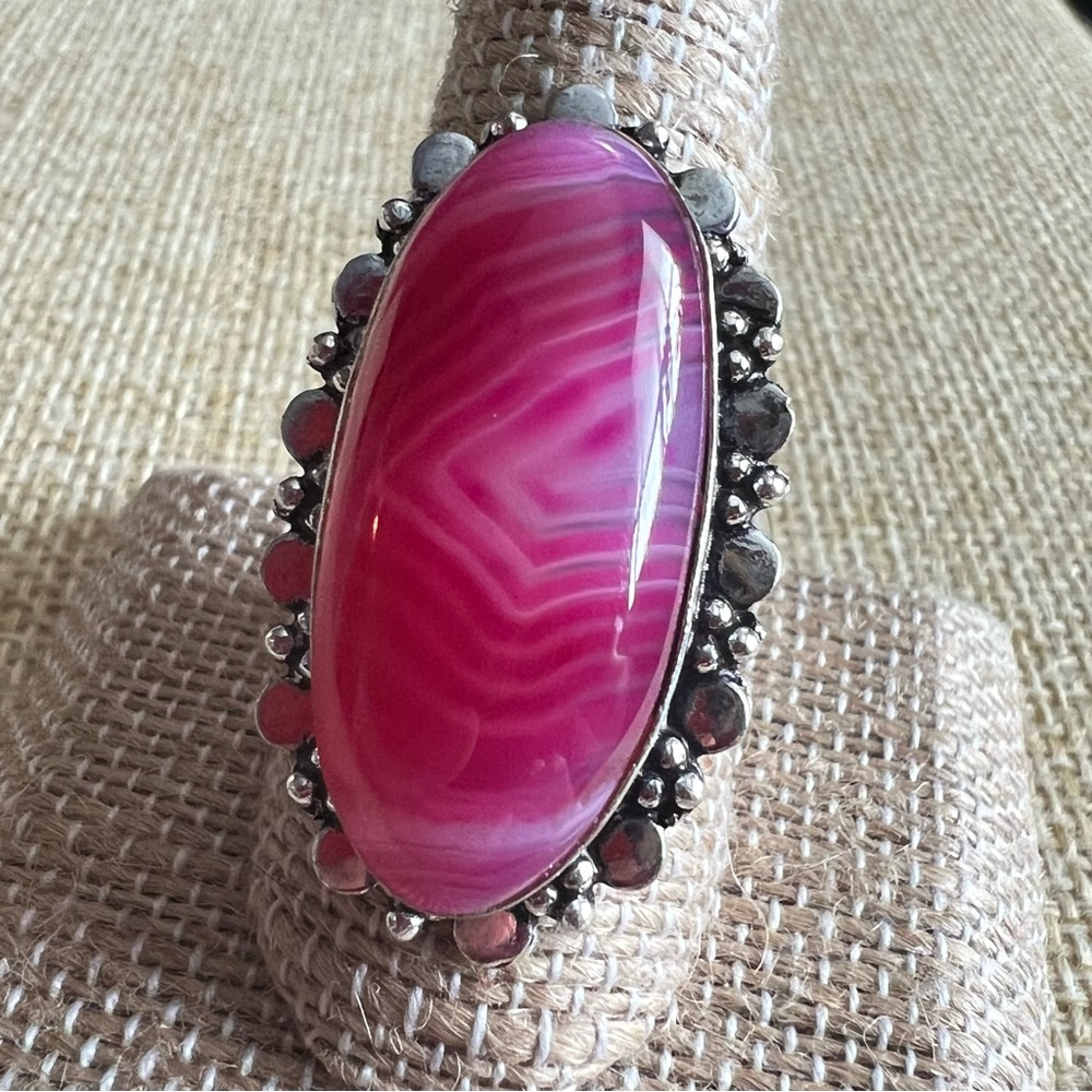 New Banded Pink AgateStone Crystal Size 9 Silver Overlay